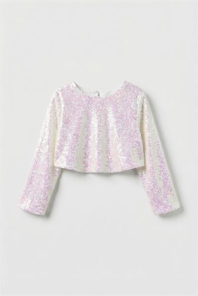 Kız Çocuk Pamuklu Ekru Pembe Payetli Uzun Kollu Crop Bluz