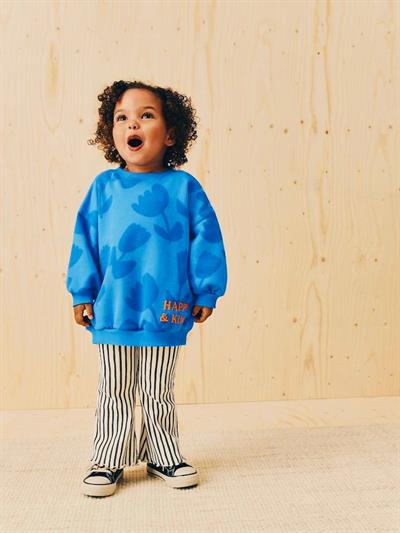 Kız Çocuk Pamuklu Mavi Çiçek Desenli Sweatshirt Çizgili Pantolon Takım