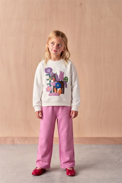 Kız Çocuk At Figürlü Ekru Sweatshirt ve Lila Eşofman Takımı