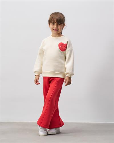 Kız Çocuk Pamuklu Ekru Kalpli Sweatshirt Kırmızı İspanyol Paça Eşofman Alt Takım