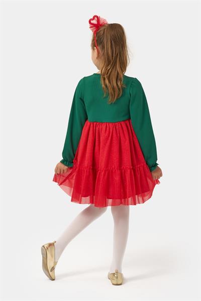 Kız Çocuk Pamuklu Yeşil Kalpli Uzun Kollu Tüllü Kırmızı Etekli Elbise - Yılbaşı Konseptli