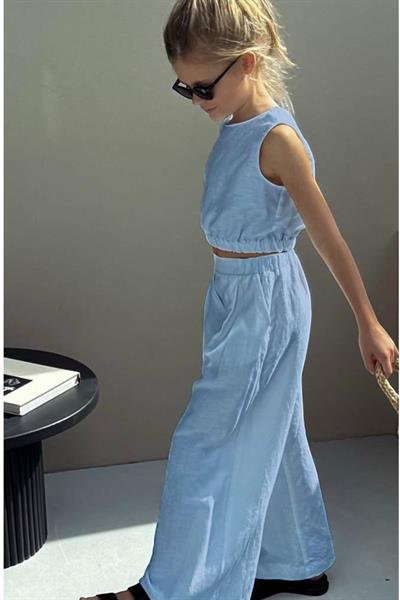 Kız Çocuk Pamuklu Kolsuz Bluz ve Bol Paça Pantolon Takım - Yazlık Şıklık