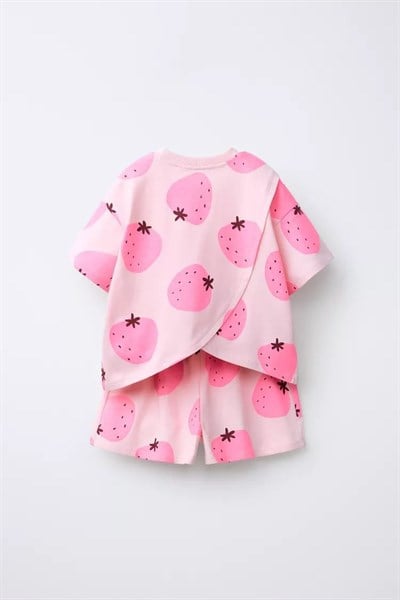 Kız Çocuk Pamuklu Pembe Çilek Desenli T-shirt Şort Takım