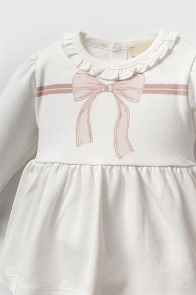 Kız Çocuk Pamuklu Ekru Fiyonklu Uzun Kollu Elbise ve Saç Bandı Takımı - Rahat ve Şık