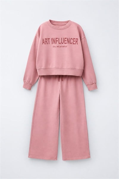 Kız Çocuk Pamuklu Pembe Sweatshirt ve Eşofman Takımı