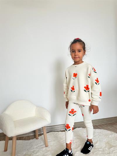 Kız Çocuk Pamuklu Ekru Kırmızı Çiçek Desenli Sweatshirt ve Tayt Takım - Günlük Konforlu Stil