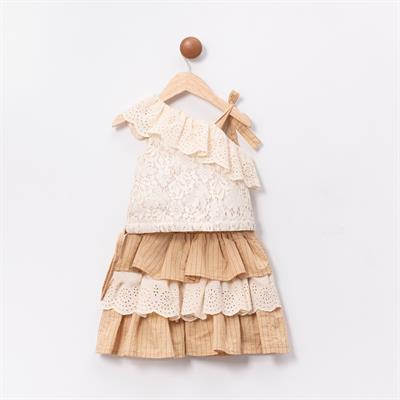 Kız Çocuk Pamuklu Dantel ve Kat Kat Fırfırlı Etekli Takım