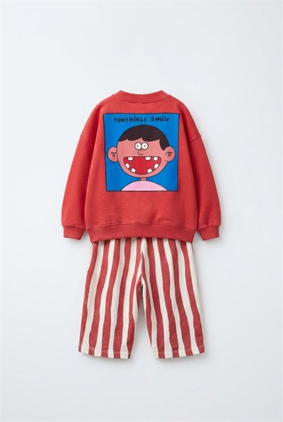 Çocuk Pamuklu Karakter Baskılı Kırmızı Sweatshirt ve Çizgili Eşofman Takımı