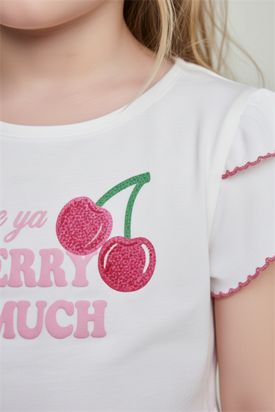 Kız Çocuk Pamuklu Ekru Kiraz Baskılı T-Shirt ve Pembe Pötikare Etek Takım