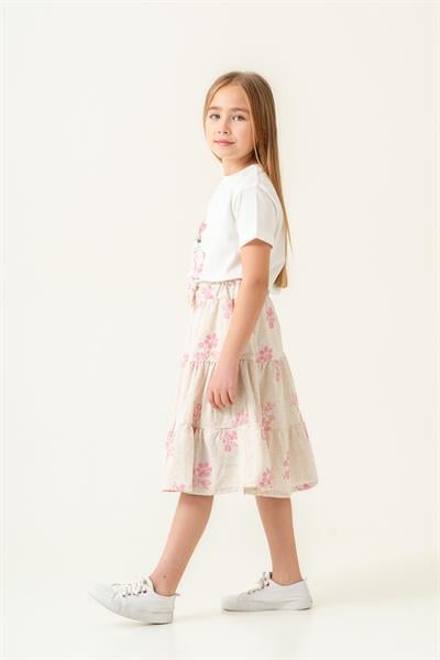 Kız Çocuk Pamuklu Çiçek Desenli T-shirt ve Etek Takım