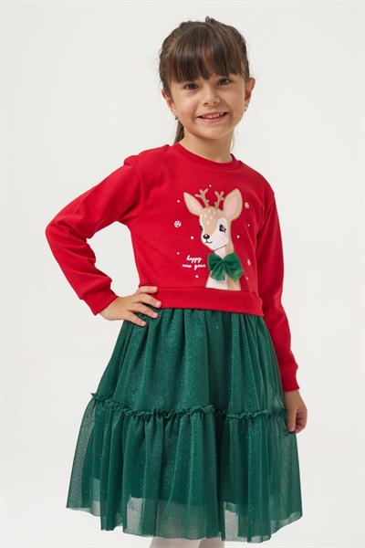 Kız Çocuk Pamuklu Kırmızı Geyik Desenli Sweatshirt ve Yeşil Tül Etek Takımı - Yılbaşı Konseptli