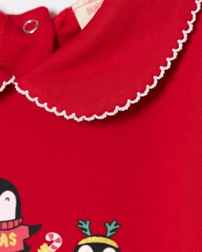 Kız Bebek Pamuklu Kırmızı Penguen Temalı Noel Tulum - Fırfırlı Tül Etek Detaylı