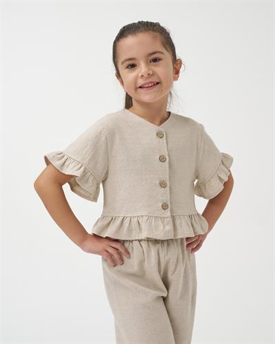 Kız Çocuk Keten Bej Fırfır Detaylı Düğmeli Bol Paça Pantolonlu İkili Takım