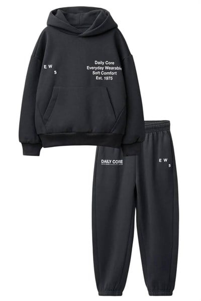 Çocuk Pamuklu Daily Core Baskılı Siyah Kapüşonlu Sweatshirt ve Eşofman Altı Takımı