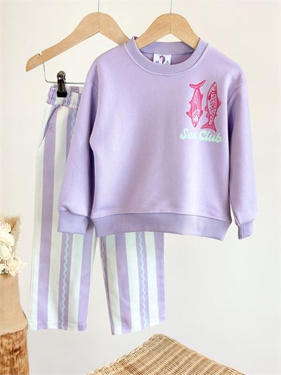 Kız Çocuk Pamuklu Balık Baskılı Lila Sweatshirt ve Çizgili Pantolon Takımı
