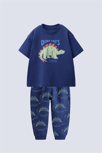 Erkek Çocuk Pamuklu Lacivert Dinozor Baskılı T-Shirt ve Eşofman Altı 2li Takım