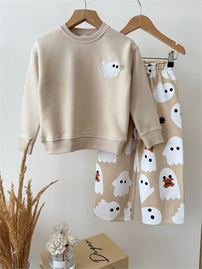 Çocuk Desenli Ekru Sweatshirt ve Bol Paça Eşofman Takımı