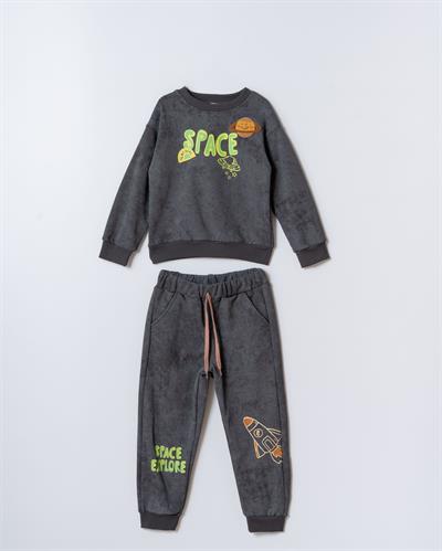 Erkek Çocuk Pamuklu Füme Space Temalı Eşofman Takım - Gezegen ve Roket Baskılı