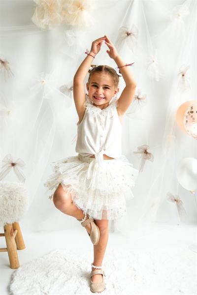 Kız Çocuk Pamuklu Ekru Fırfır Yaka Tül Yıldız Desenli Etekli Takım