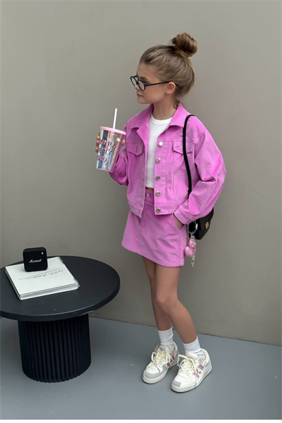 Kız Çocuk Pamuklu Fuşya Ceketli Etek Takım - Düğme Detaylı Crop Ceket