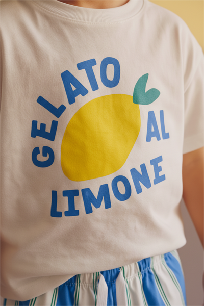 Erkek Çocuk Pamuklu Beyaz Limon Baskılı T-Shirtli Çizgili Şort Takım
