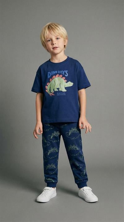 Erkek Çocuk Pamuklu Lacivert Dinozor Baskılı T-Shirt ve Eşofman Altı 2li Takım