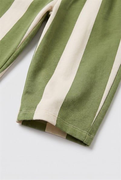 Unisex Çocuk Pamuklu Yeşil Ekru Çizgili Pantolon