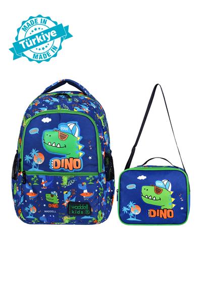 Erkek Çocuk Mavi Dinozor Desenli Okul Çantası ve Beslenme Çantası Seti - Waddell Kids