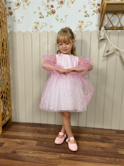 Kız Çocuk Pamuklu Pembe Parıltılı Parti ve Özel Gün Elbisesi – Rahat Astarlı Tasarım