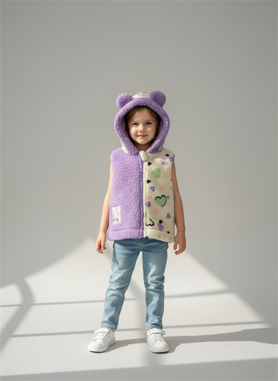 Kız Çocuk Pamuklu Lila Kalpli Peluş Kulaklı Kapüşonlu Yelek - Yumuşak Dokulu