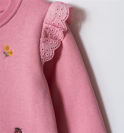 Kız Çocuk Pamuklu Pembe Çiçek Nakışlı Dantel Detaylı Sweatshirt ve Eşofman Takım