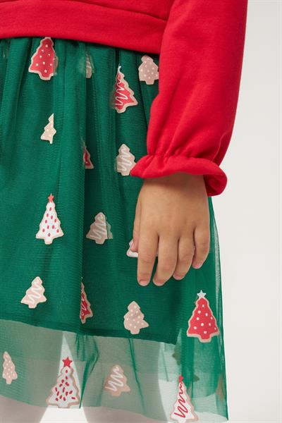 Kız Çocuk Pamuklu Kırmızı Fiyonklu Uzun Kollu Yeşil Ağaç Desenli Tüllü Elbise - Yılbaşı Konseptli