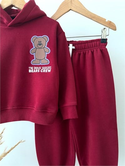 Çocuk  Ayıcık Baskılı Bordo Kapüşonlu Sweatshirt ve Eşofman Altı Takımı