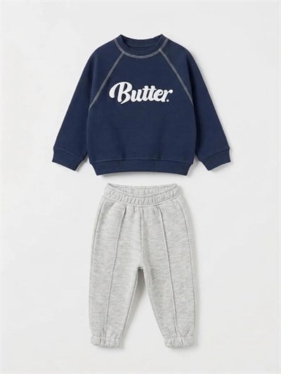 Bebek Pamuklu Butter Baskılı Lacivert Sweatshirt ve Gri Eşofman Altı Takımı