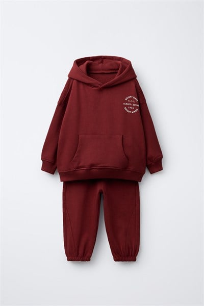 Çocuk Pamuklu Kapüşonlu Bordo Sweatshirt ve Eşofman Altı Takımı