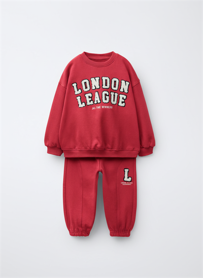 Erkek Çocuk Pamuklu Kırmızı London League Sweatshirt ve Eşofman Alt Takım - Nakış Detaylı