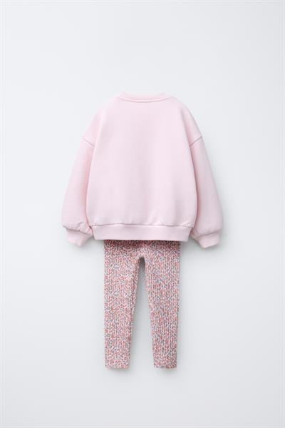 Kız Çocuk Pamuklu Pembe Fiyonk Desenli Sweatshirt ve Çiçek Desenli Tayt Takım