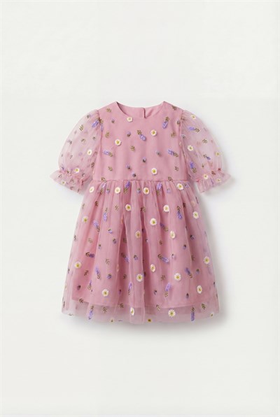 Kız Çocuk Pamuklu Pembe Çiçek Nakışlı Tül Elbise