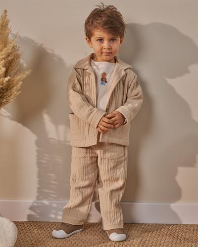 Erkek Çocuk Pamuklu Bej Müslin Ceketli T-Shirtli Pantolon Takım