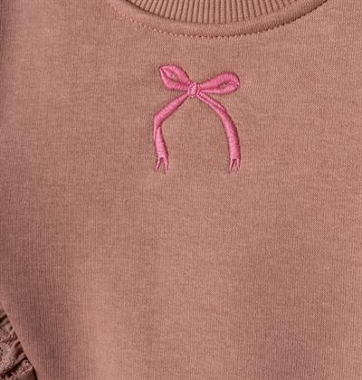 Kız Çocuk Pamuklu Pudra Dantel ve Fiyonk Detaylı Eşofman Takımı - Yumuşak Kumaşlı İki Parça Set