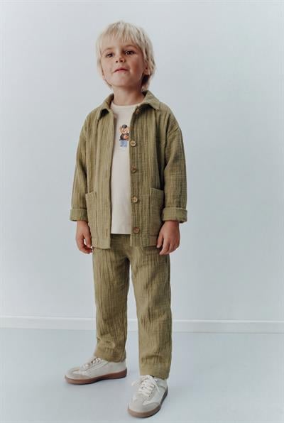 Erkek Çocuk Pamuklu Haki Müslin Ceketli T-Shirtli Pantolon Takım