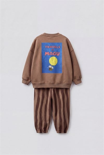 Çocuk Pamuklu Magu And Travel Desenli Kahverengi Sweatshirt ve Çizgili Eşofman Takımı