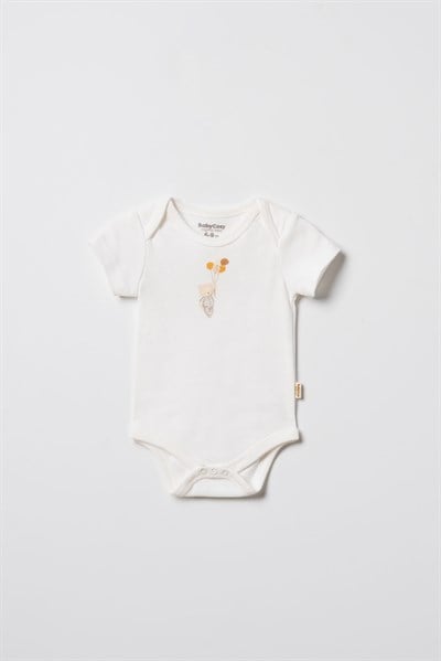 Unisex Bebek Pamuklu Ekru 2li Kısa Kollu Body Seti - Desenli ve Ayıcık Baskılı