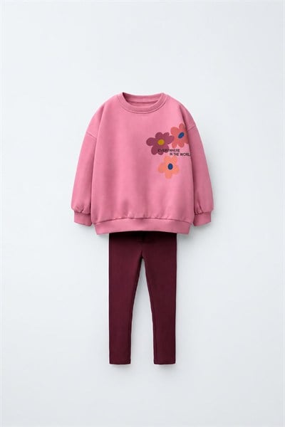 Kız Çocuk Pamuklu Çiçek Baskılı Pembe Sweatshirt ve Tayt Takımı