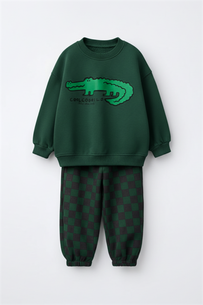 Erkek Çocuk Pamuklu Yeşil Timsah Baskılı Sweatshirt ve Kare Desenli Eşofman Takım