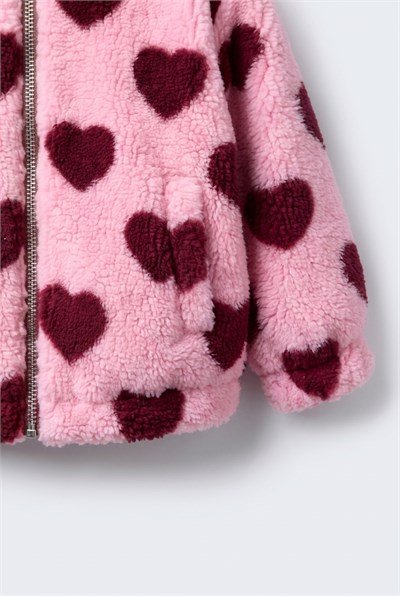 Kız Çocuk Kalp Desenli Pembe Peluş Ceket