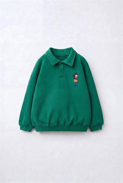 Çocuk Polo Yaka Yeşil Nakış Detaylı Sweatshirt