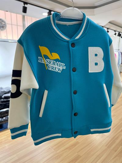 Unisex Çocuk Pamuklu Turkuaz Beyaz Kolej Ceket - Harf ve Baskı Detaylı Bomber Mont