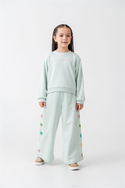 Kız Çocuk Pamuklu Mint Yeşil Çiçek Nakışlı Sweatshirt ve Eşofman Takım