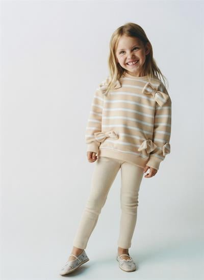 Kız Çocuk Pamuklu Sarı Çizgili Fiyonk Detaylı Sweatshirt ve Ribana Tayt Takım